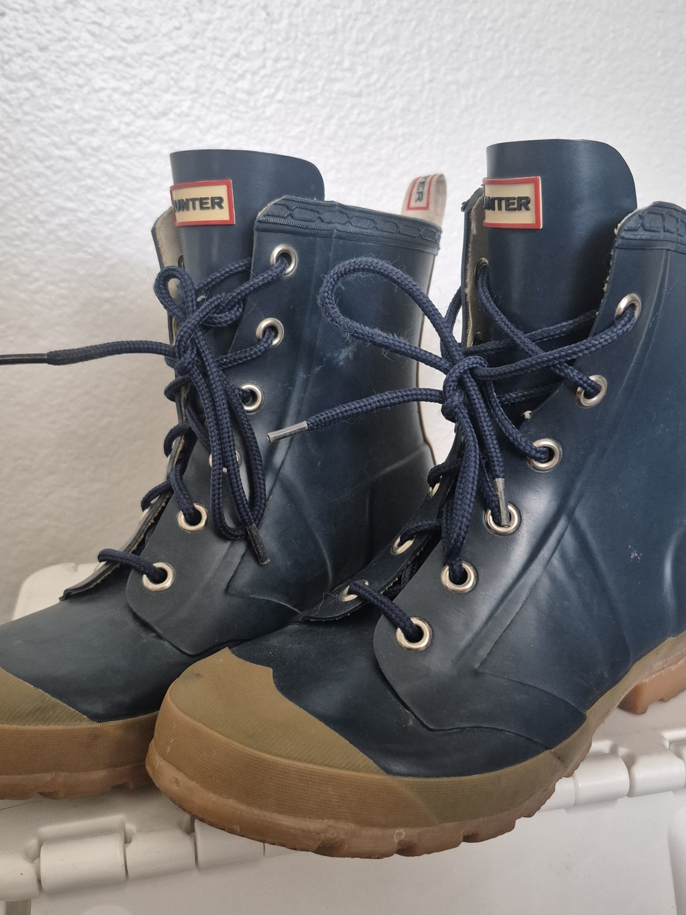 Hunter Navy Lace-Up Rain Boots with Tan Soles